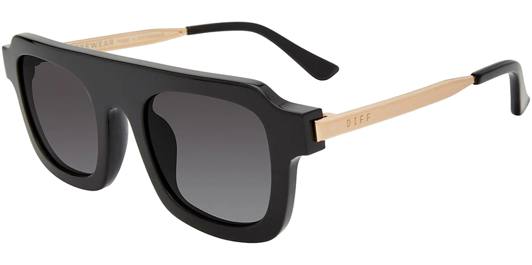 Diff Alden Black Flat Top Square Sunglasses w/ Gold-Tone Metal Temples