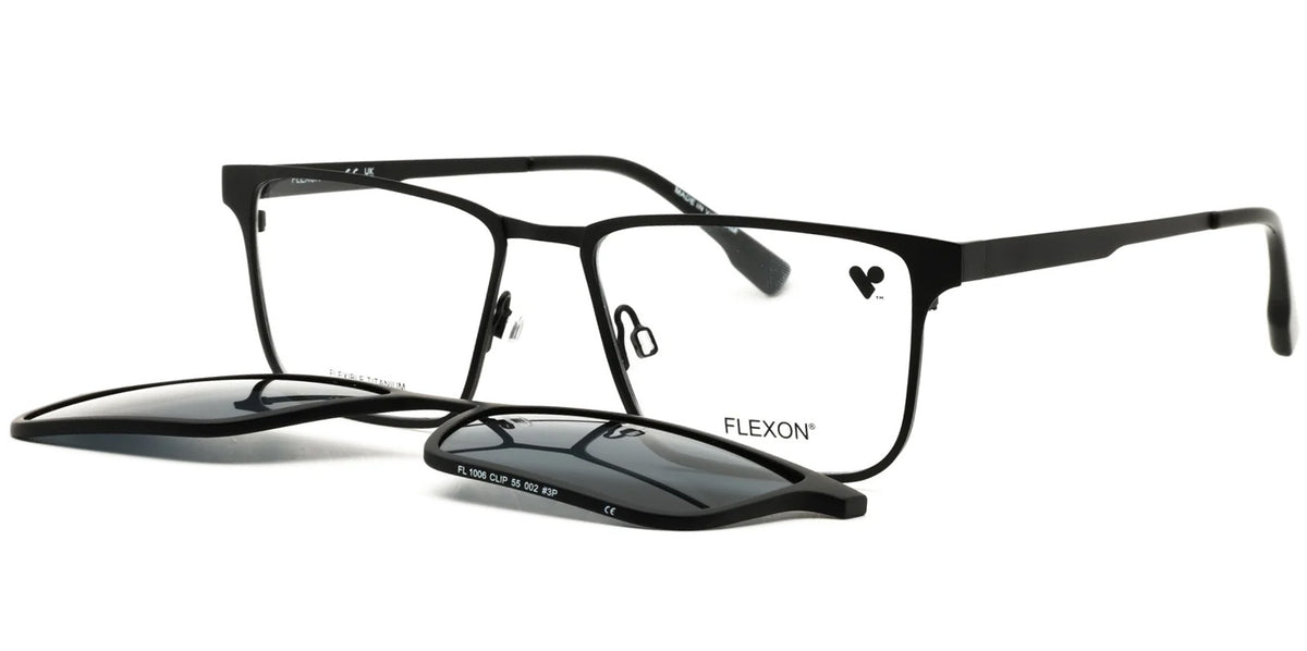 Flexon Memory Metal Rectangle Eyeglasses w/ Polarized Clip-on Shade