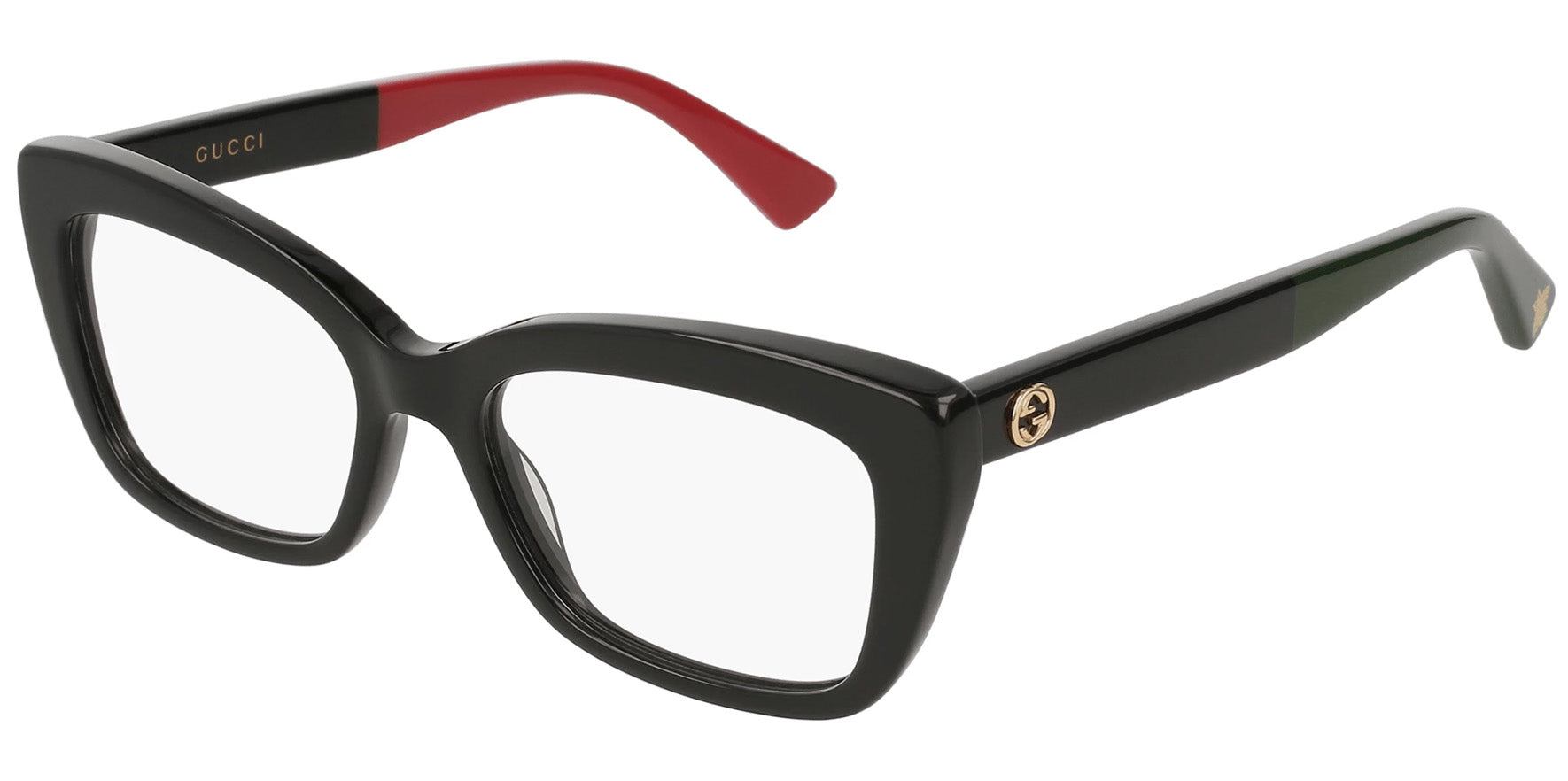 Gucci Rectangular Cat-Eye Eyeglasses w/ Red & Green Temples