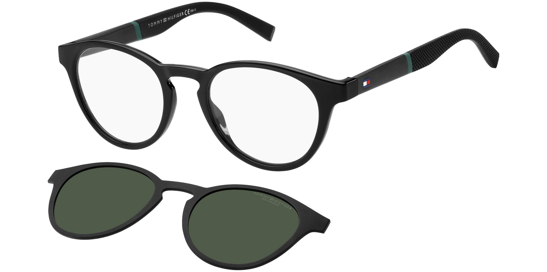 Tommy Hilfiger Black Round Eyeglasses w/ Polarized Clip-On Lens