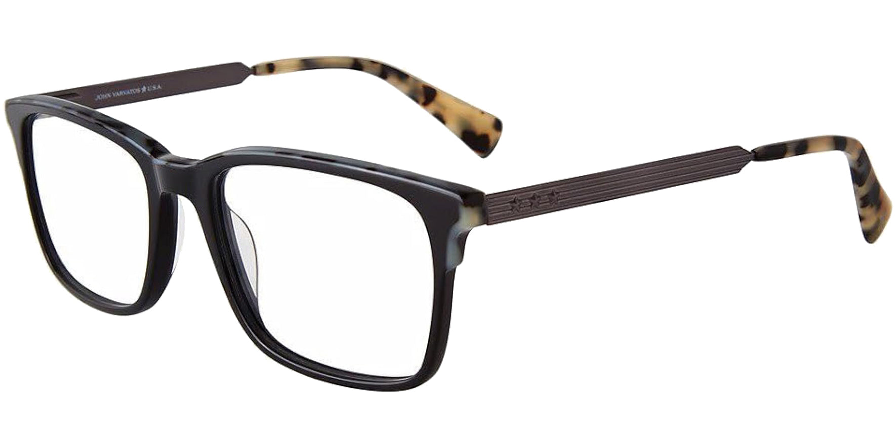 John Varvatos Black Square Eyeglass Frames w/ Smoky Tortoise Brow-Line