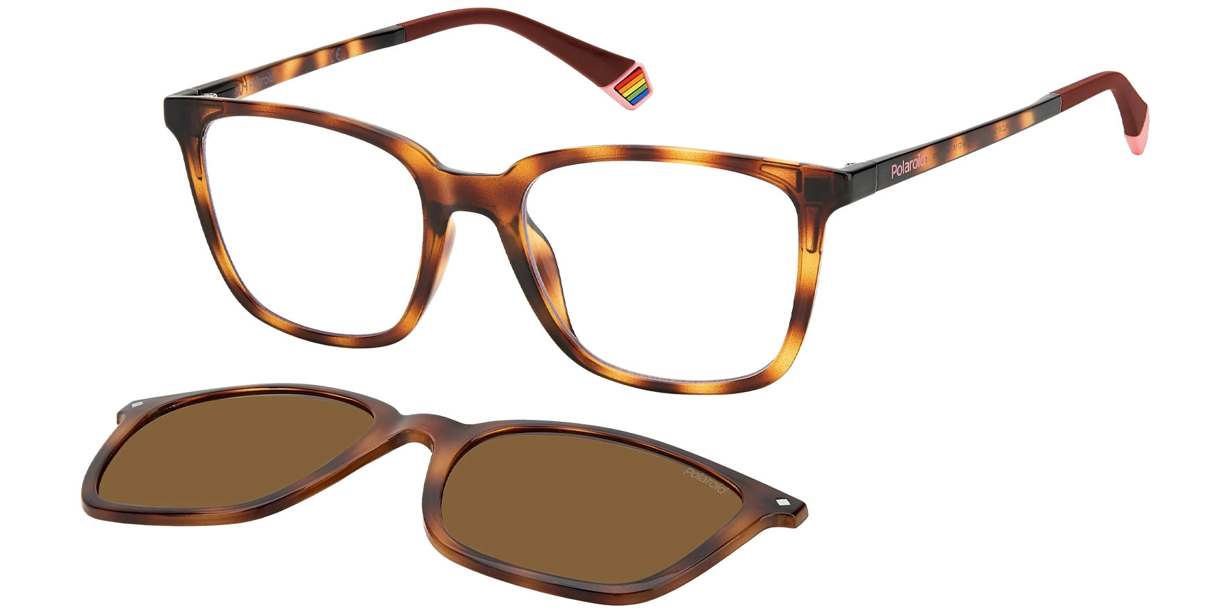 Polaroid Havana Square Eyeglass Frames w/ Polarized Clip-On Lens