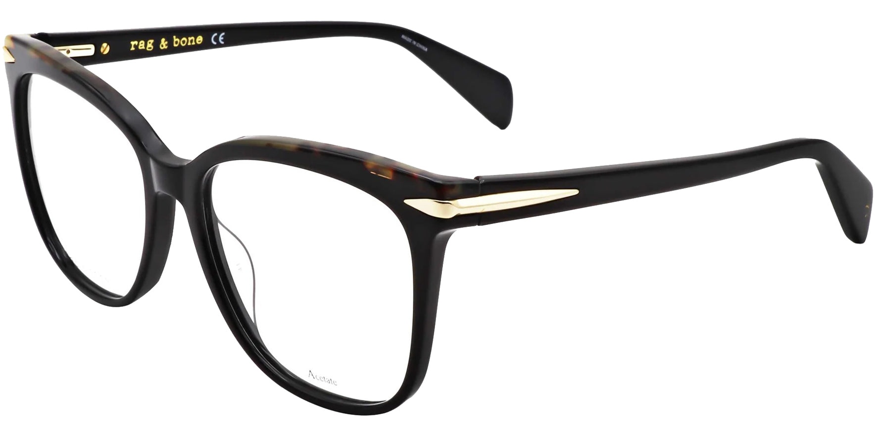 Rag & Bone Black Soft Square Eyeglass Frames w/ Tortoise Browline