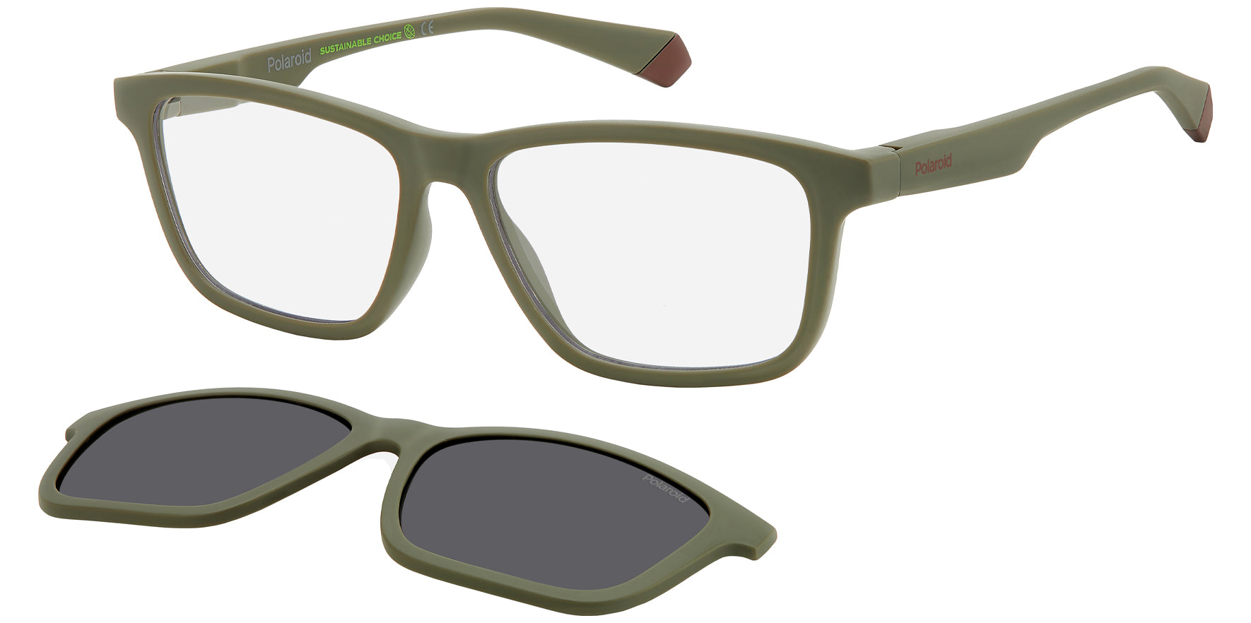 Polaroid Matte Green Square Eyeglass Frames w/ Polarized Clip-On Lens