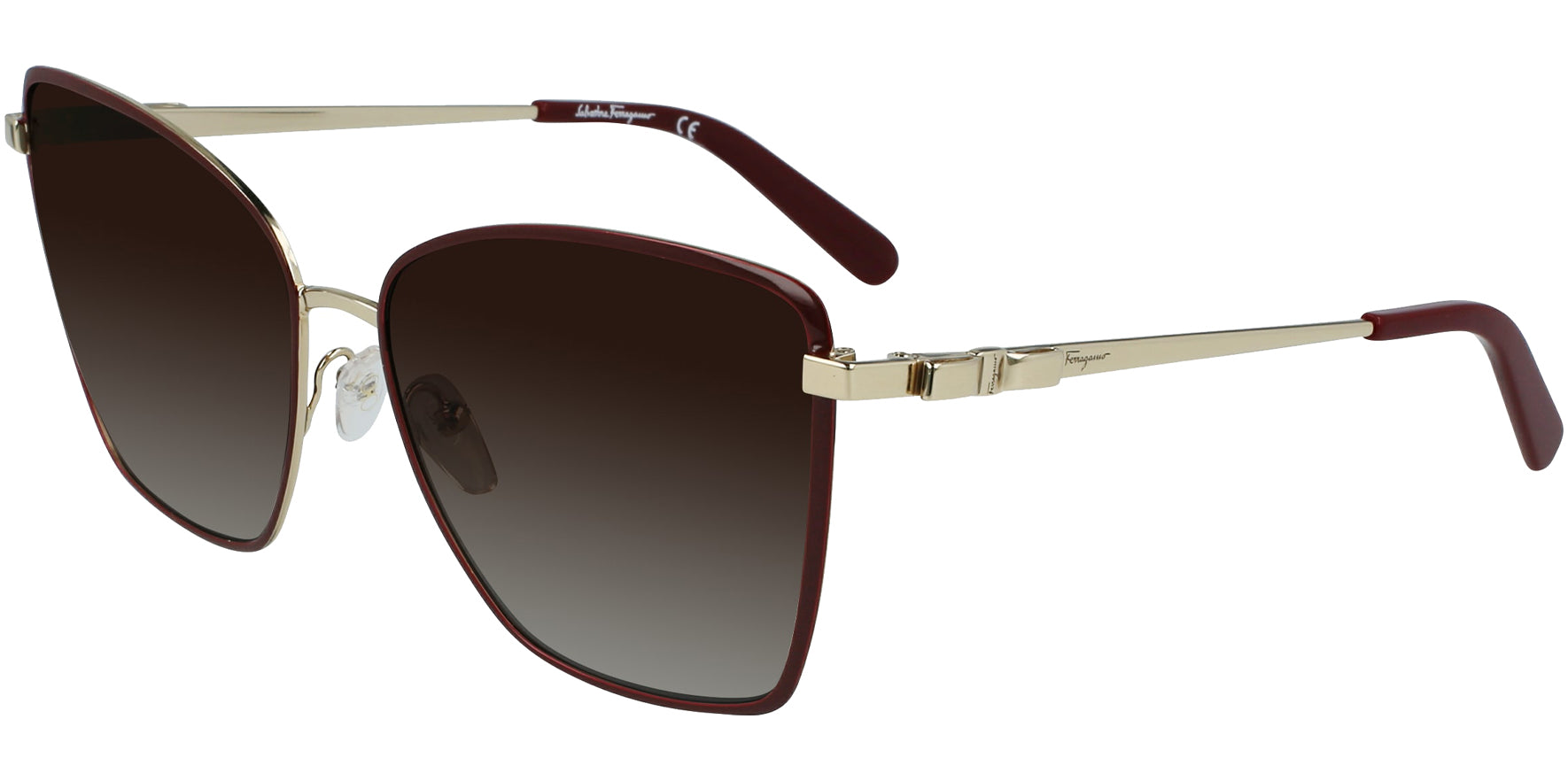 Salvatore Ferragamo Gold-Tone/Burgundy Cat-Eye W/ Gradient Lens