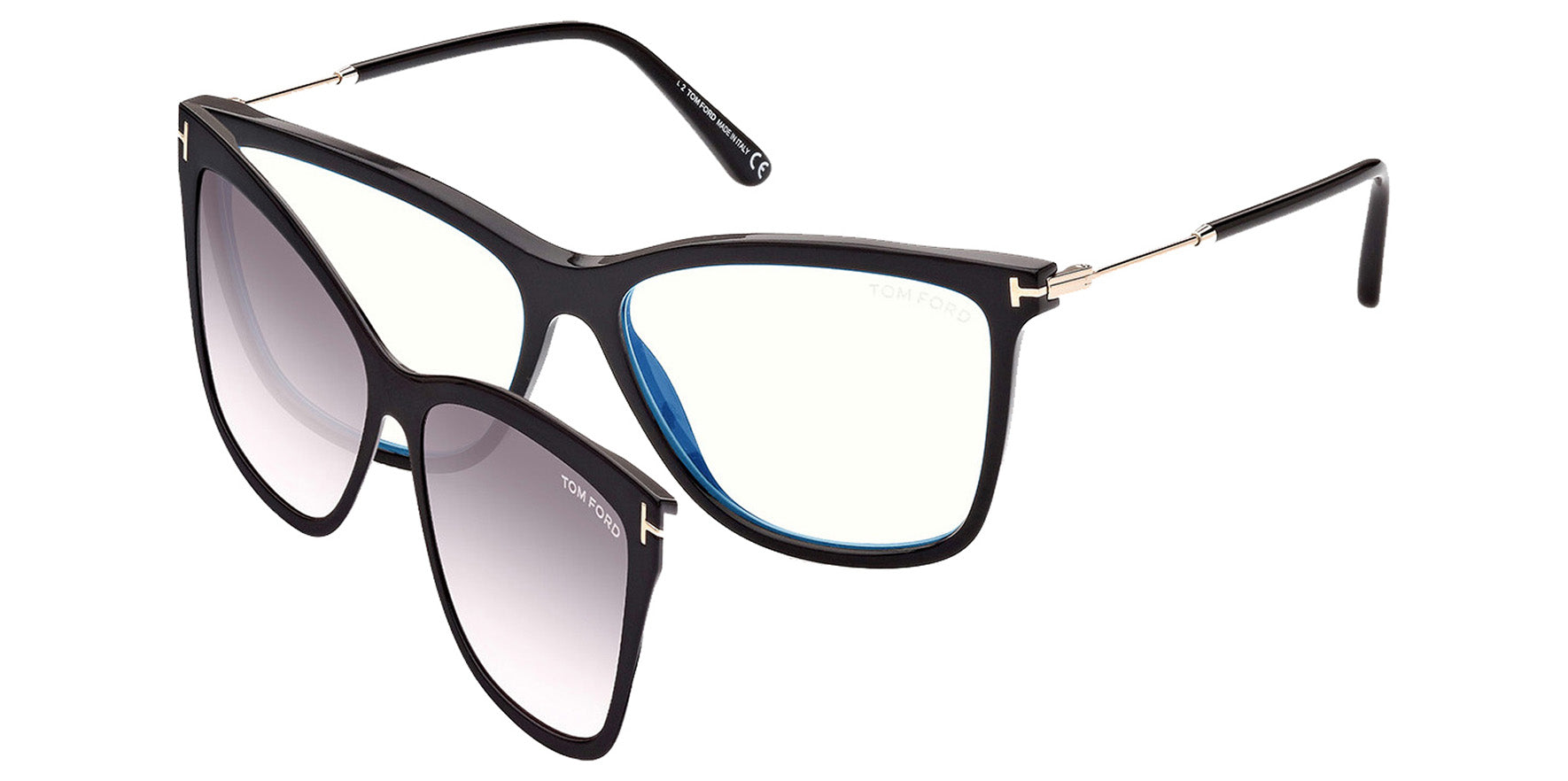 Tom Ford Blue Block Squared Cat-Eye Eyeglass Frames w/ Clip-On Sun Lens