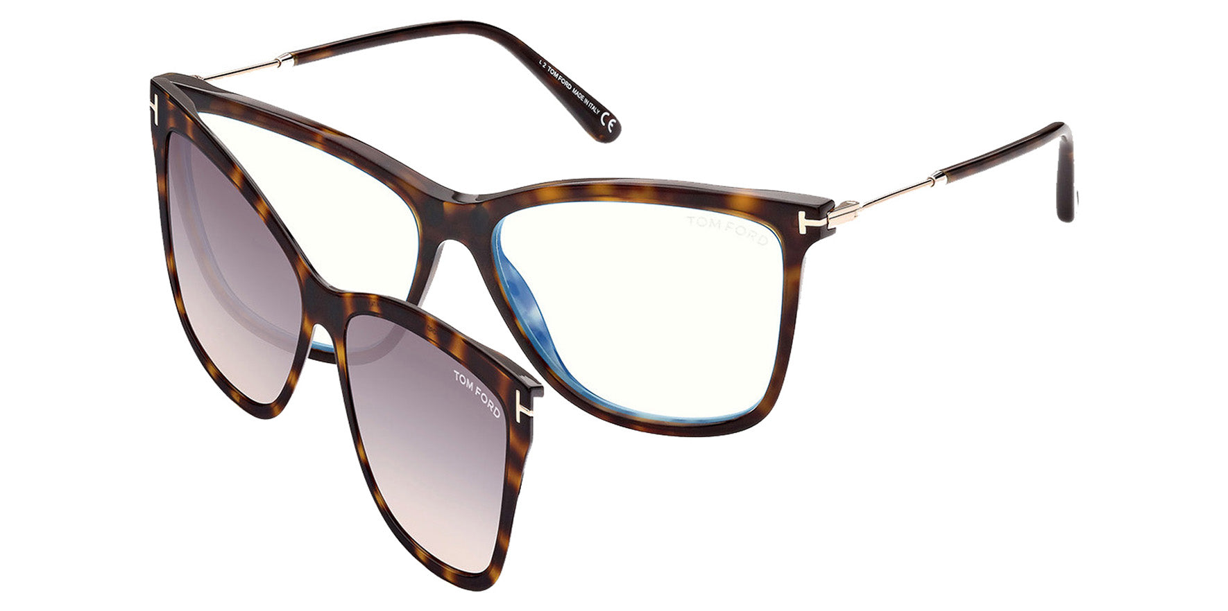 Tom Ford Blue Block Squared Cat-Eye Eyeglass Frames w/ Clip-On Sun Lens