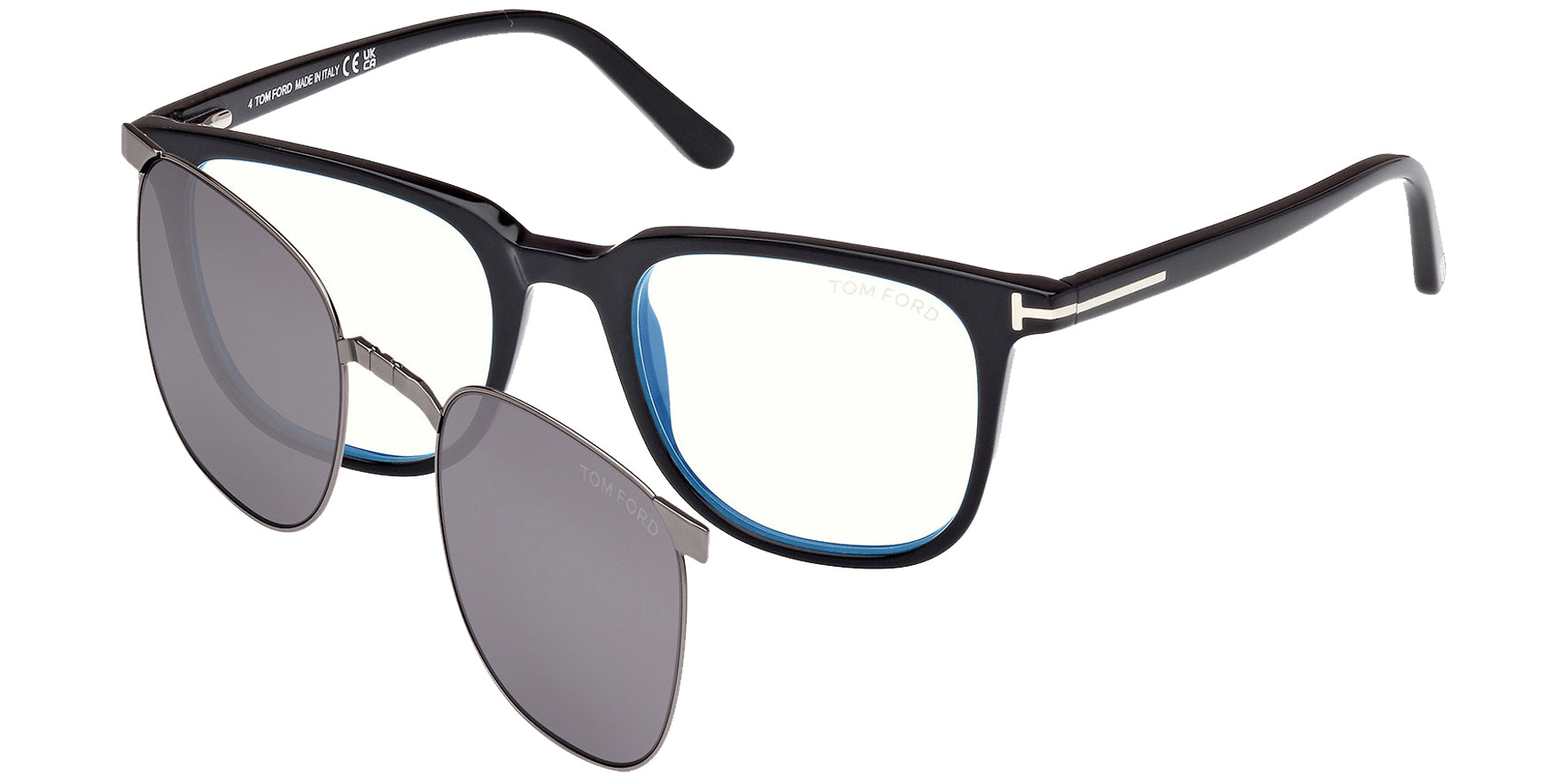 Tom Ford  Shiny Black Blue Block Eyeglass Frame w/ Polarized Clip-On