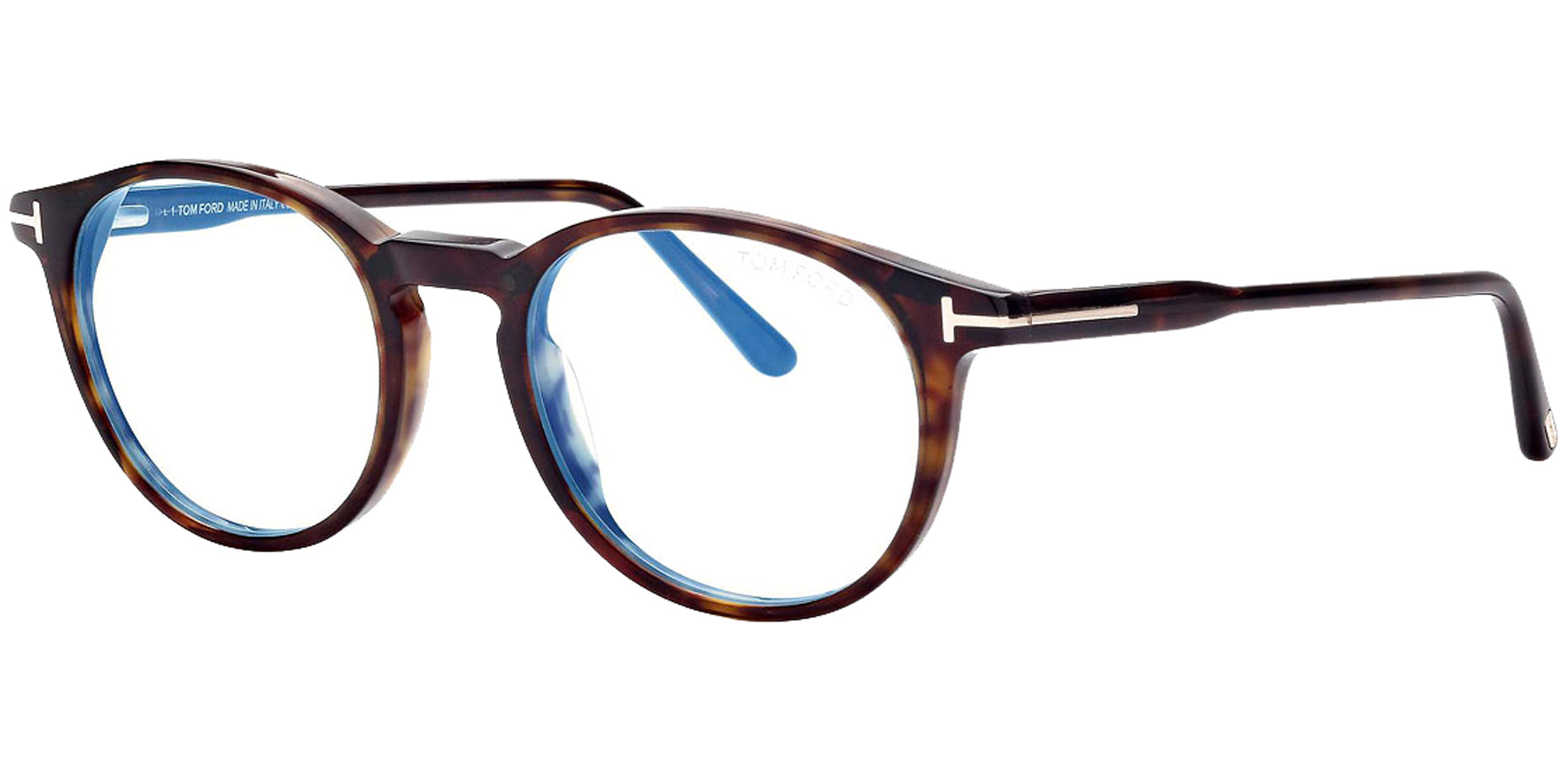 Tom Ford Shiny Dark Havana Round Blue Block Eyeglass Frames w/ Clip-On Lens - Eyedictive